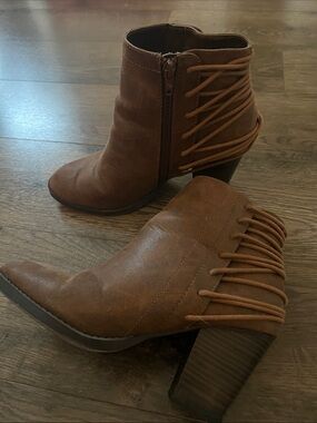 Candie's Brown Lace-Wrap Ankle Booties with Stacked Heel